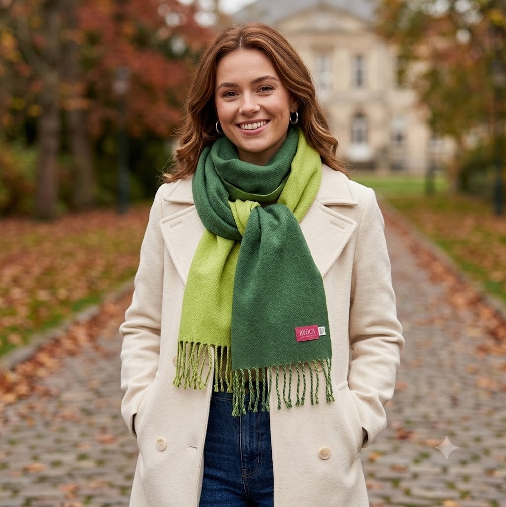 AVOCA Ireland Reversible Green Cashmere Wool Fringe Scarf Wrap 16x68